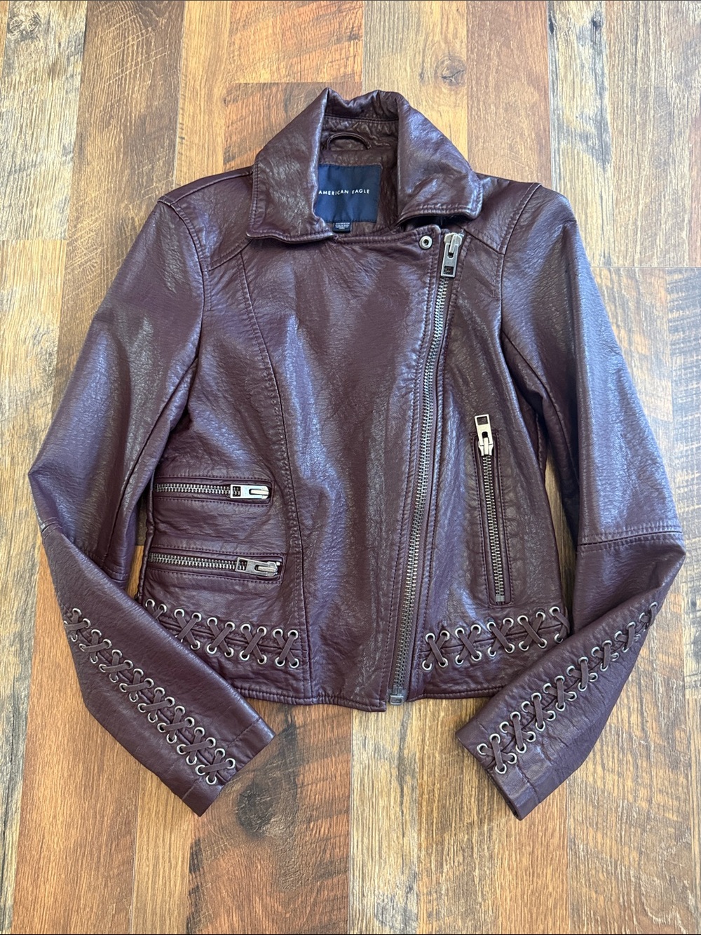American Eagle Burgundy Faux Leather Lace-Up Moto Jacket Women’s XS